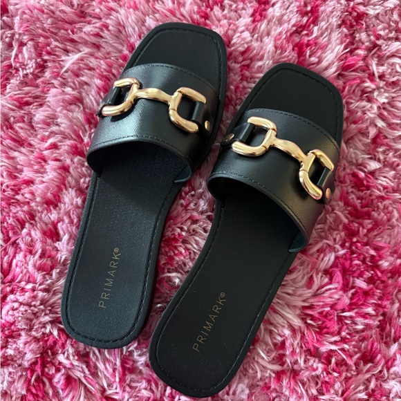 Primark Shoes - Primark Black Slides with Gold Chain Trim
